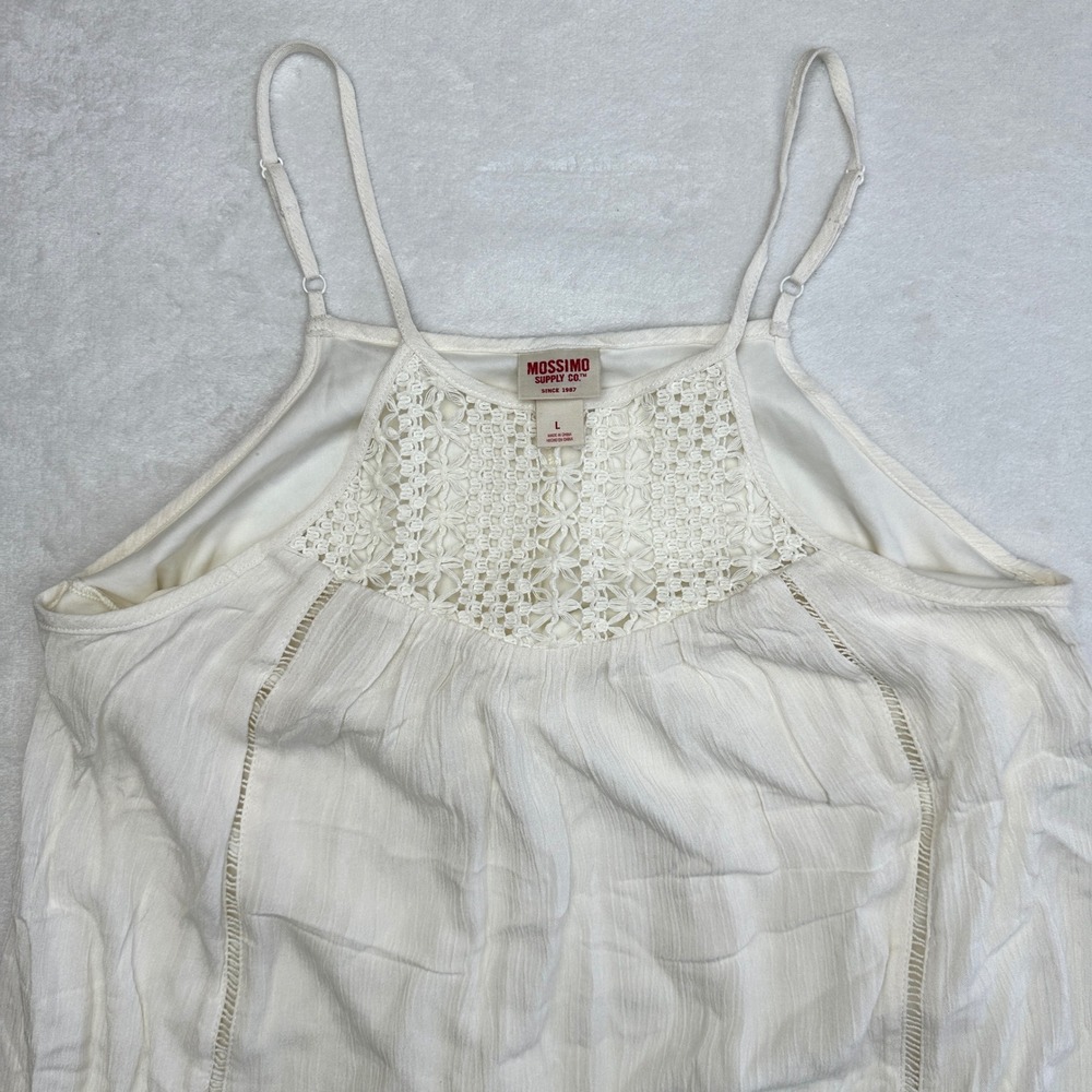 Mossimo White Crochet Lace Maxi Dress Crinkle Gauze Adjustable Straps Womens L‎